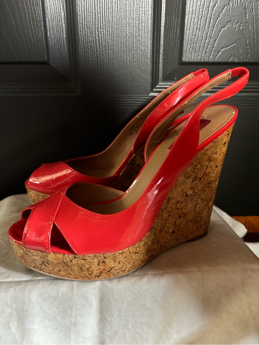 Orange Patent Cork Wedge Slingback Peep-Toe Heels
